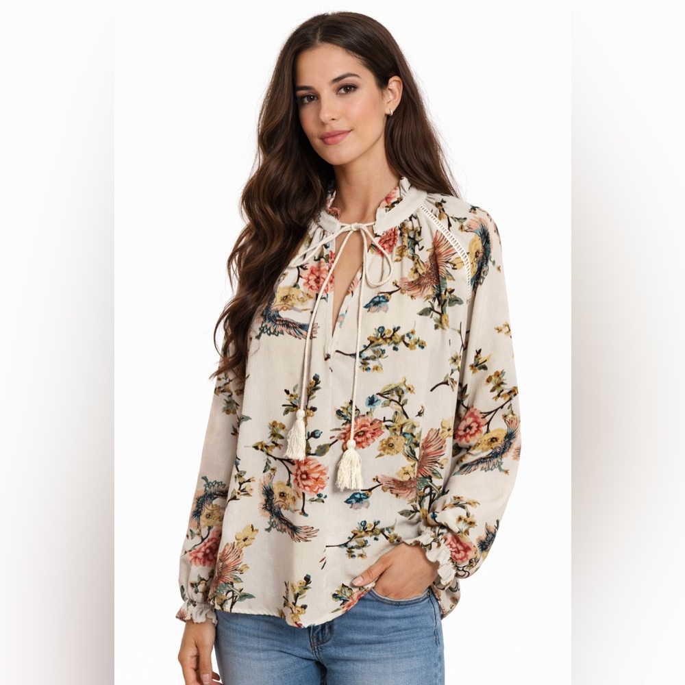 Entro Boho Floral Peasant Blouse Cream Bird Print Tassel Tie Top